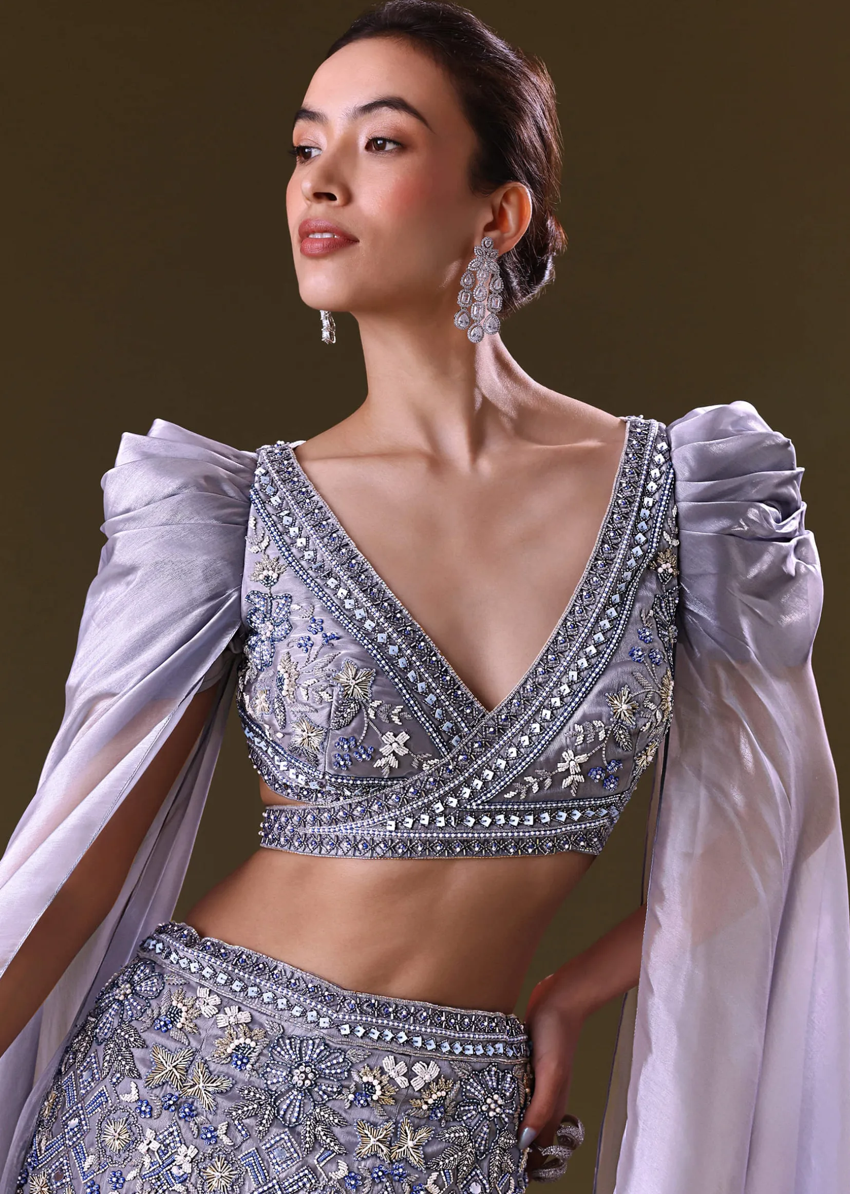 Ice Blue Mermaid Lehenga And Blouse With Long Wing Sleeves