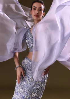 Ice Blue Mermaid Lehenga And Blouse With Long Wing Sleeves