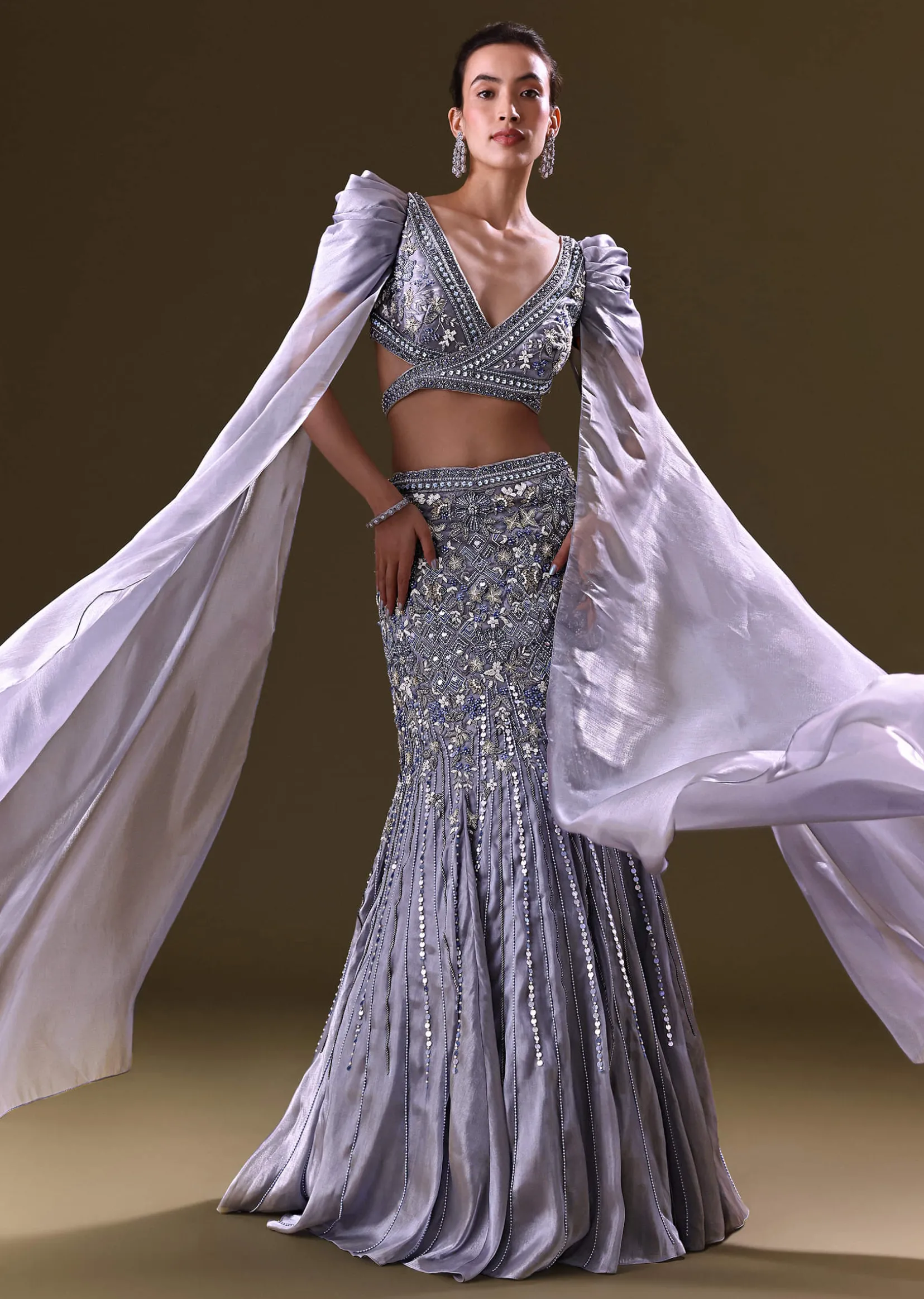 Ice Blue Mermaid Lehenga And Blouse With Long Wing Sleeves