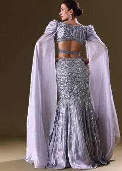 Ice Blue Mermaid Lehenga And Blouse With Long Wing Sleeves