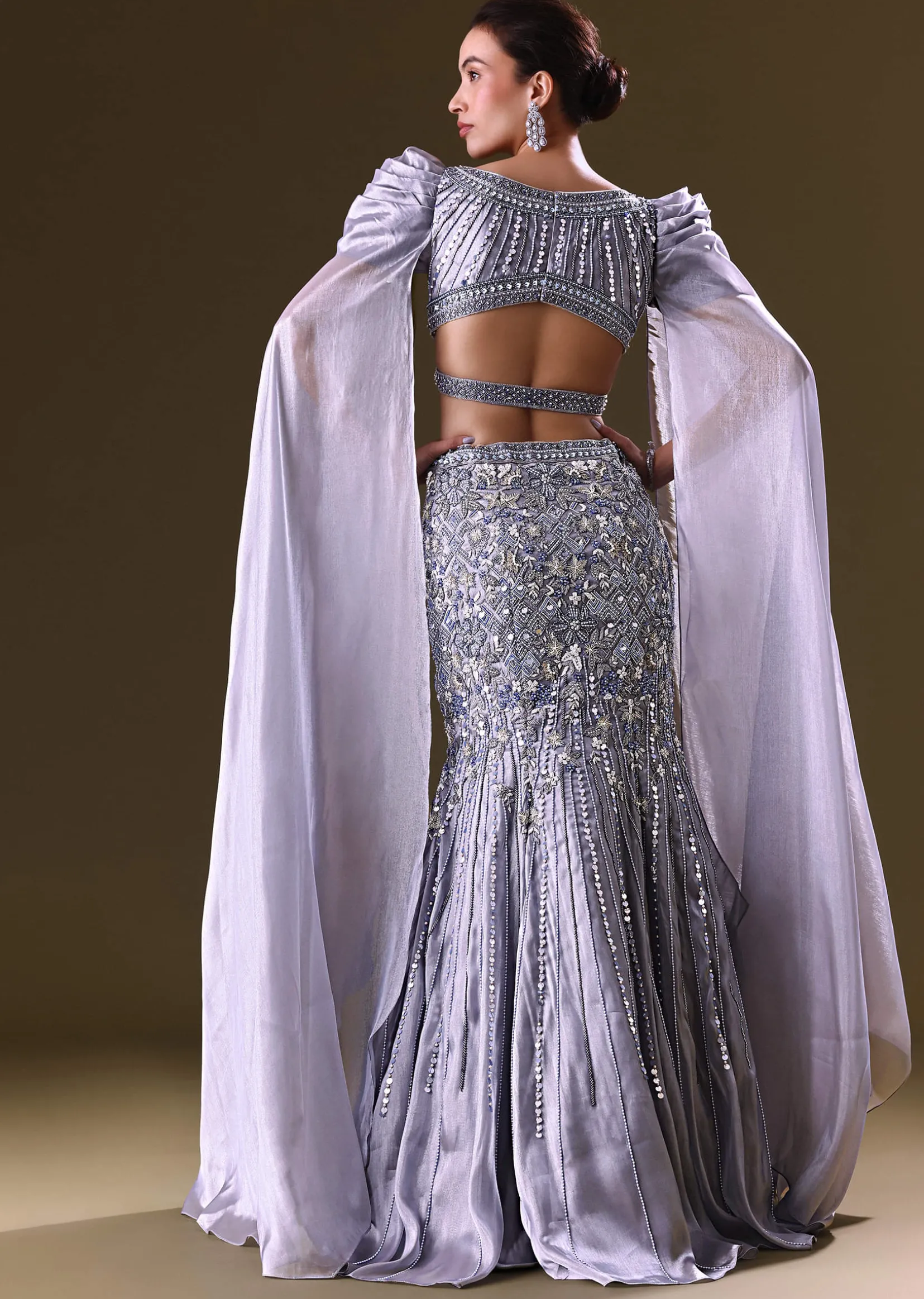Ice Blue Mermaid Lehenga And Blouse With Long Wing Sleeves
