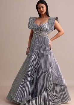 Ice Blue Organza Double Layered Circular Pleated Gown With Fancy Sleeves