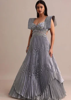 Ice Blue Organza Double Layered Circular Pleated Gown With Fancy Sleeves