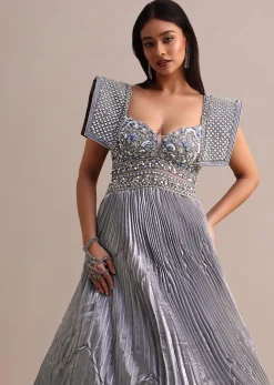 Ice Blue Organza Double Layered Circular Pleated Gown With Fancy Sleeves