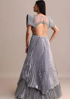 Ice Blue Organza Double Layered Circular Pleated Gown With Fancy Sleeves