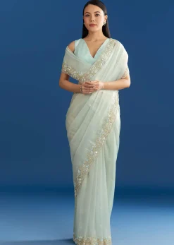 Ice Blue Organza Tissue Saree With Beaded Scallop Border
