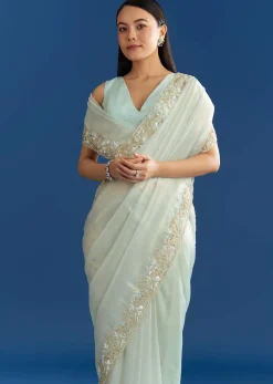 Ice Blue Organza Tissue Saree With Beaded Scallop Border
