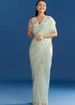 Ice Blue Organza Tissue Saree With Beaded Scallop Border