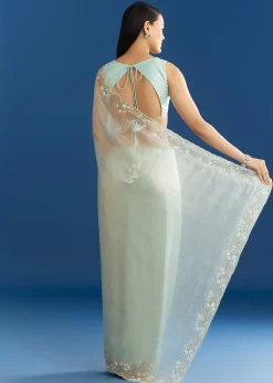 Ice Blue Organza Tissue Saree With Beaded Scallop Border
