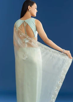 Ice Blue Organza Tissue Saree With Beaded Scallop Border