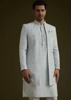 Ice Blue Silk Sherwani Set With Floral Resham And Mirror Work