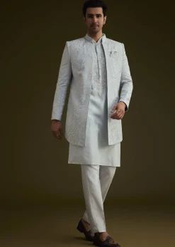 Ice Blue Silk Sherwani Set With Floral Resham And Mirror Work