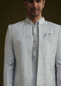 Ice Blue Silk Sherwani Set With Floral Resham And Mirror Work