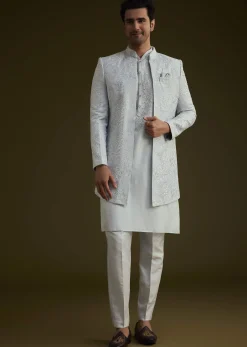Ice Blue Silk Sherwani Set With Floral Resham And Mirror Work