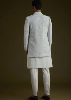 Ice Blue Silk Sherwani Set With Floral Resham And Mirror Work