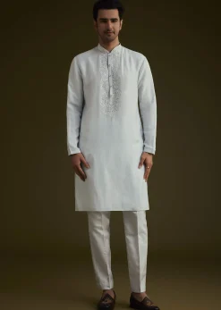 Ice Blue Silk Sherwani Set With Floral Resham And Mirror Work