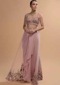 Icy Pink Draped Skirt And Crop Top Set With Long Jacket And 3D Flower Embroidery