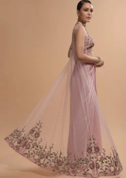 Icy Pink Draped Skirt And Crop Top Set With Long Jacket And 3D Flower Embroidery