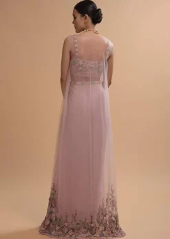 Icy Pink Draped Skirt And Crop Top Set With Long Jacket And 3D Flower Embroidery