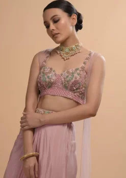 Icy Pink Draped Skirt And Crop Top Set With Long Jacket And 3D Flower Embroidery