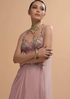 Icy Pink Draped Skirt And Crop Top Set With Long Jacket And 3D Flower Embroidery