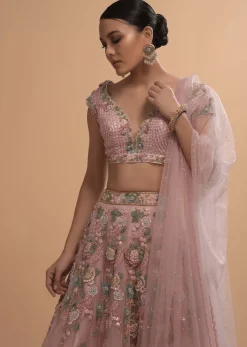 Icy Pink Net Lehenga And Cap Sleeves Crop Top With 3D Flower Cluster And Scattered Buttis