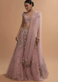 Icy Pink Net Lehenga And Cap Sleeves Crop Top With 3D Flower Cluster And Scattered Buttis