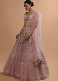Icy Pink Net Lehenga And Cap Sleeves Crop Top With 3D Flower Cluster And Scattered Buttis