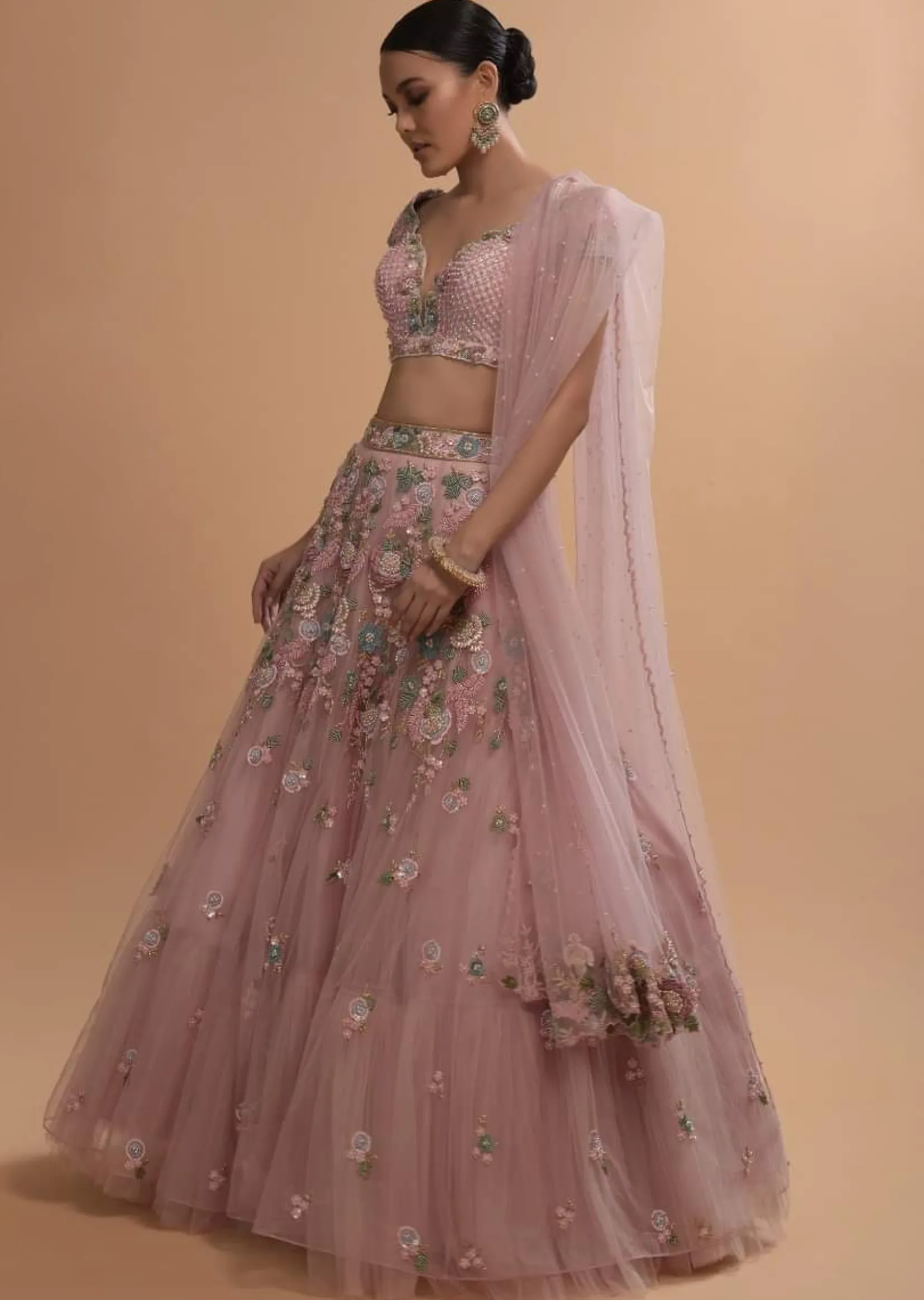 Icy Pink Net Lehenga And Cap Sleeves Crop Top With 3D Flower Cluster And Scattered Buttis