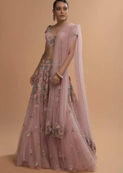 Icy Pink Net Lehenga And Cap Sleeves Crop Top With 3D Flower Cluster And Scattered Buttis