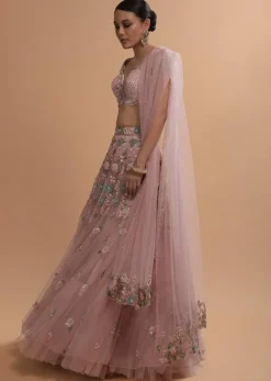 Icy Pink Net Lehenga And Cap Sleeves Crop Top With 3D Flower Cluster And Scattered Buttis
