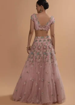 Icy Pink Net Lehenga And Cap Sleeves Crop Top With 3D Flower Cluster And Scattered Buttis