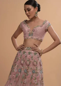 Icy Pink Net Lehenga And Cap Sleeves Crop Top With 3D Flower Cluster And Scattered Buttis