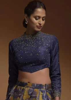 Indigo Crop Top In Silk Blend With Sequins And Beads Work In Gradient Pattern And Full Sleeves