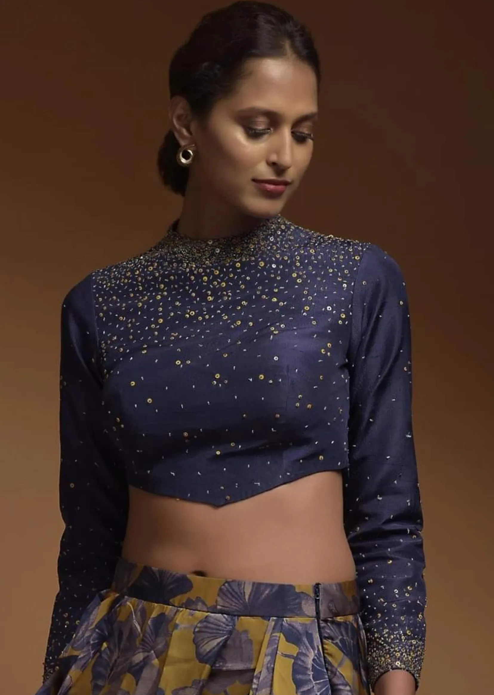 Indigo Crop Top In Silk Blend With Sequins And Beads Work In Gradient Pattern And Full Sleeves
