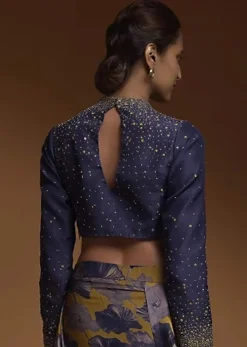 Indigo Crop Top In Silk Blend With Sequins And Beads Work In Gradient Pattern And Full Sleeves
