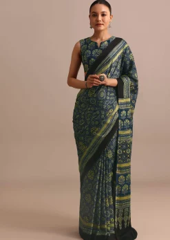 Indigo Modal Satin Saree In Ajrakh HandBlock Print
