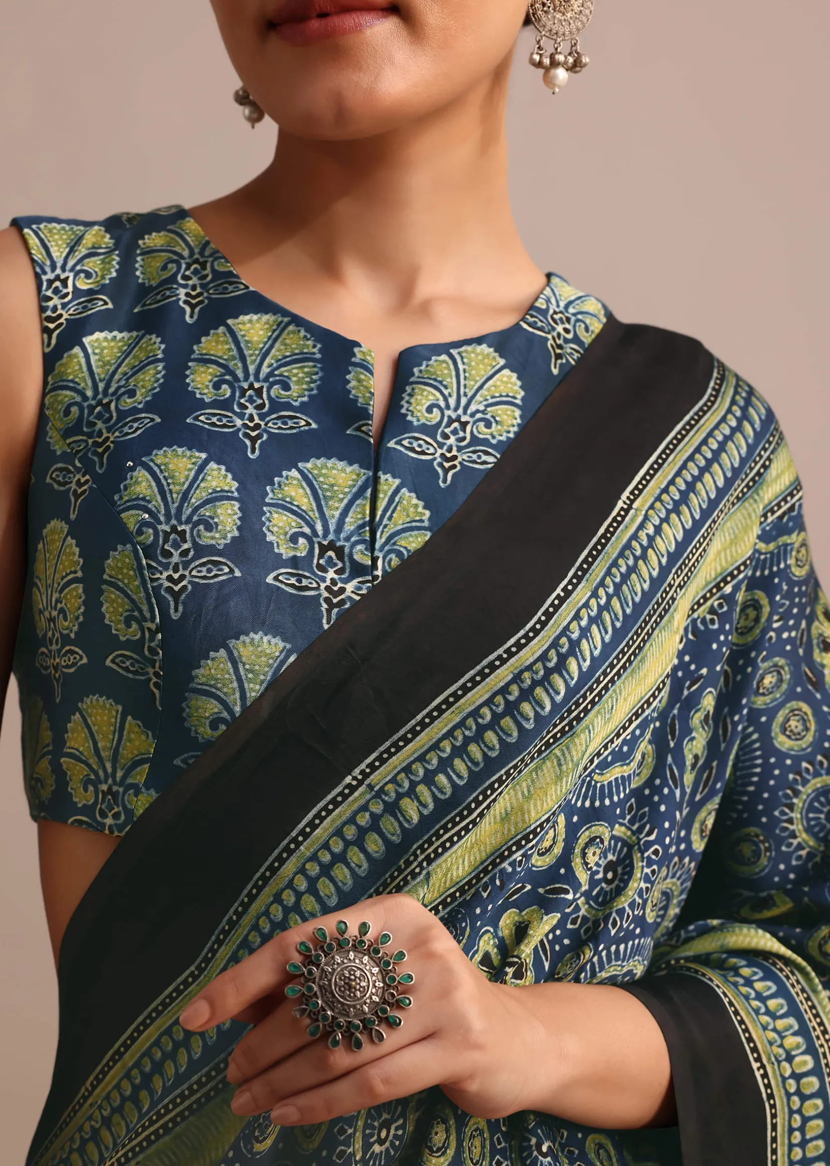 Indigo Modal Satin Saree In Ajrakh HandBlock Print