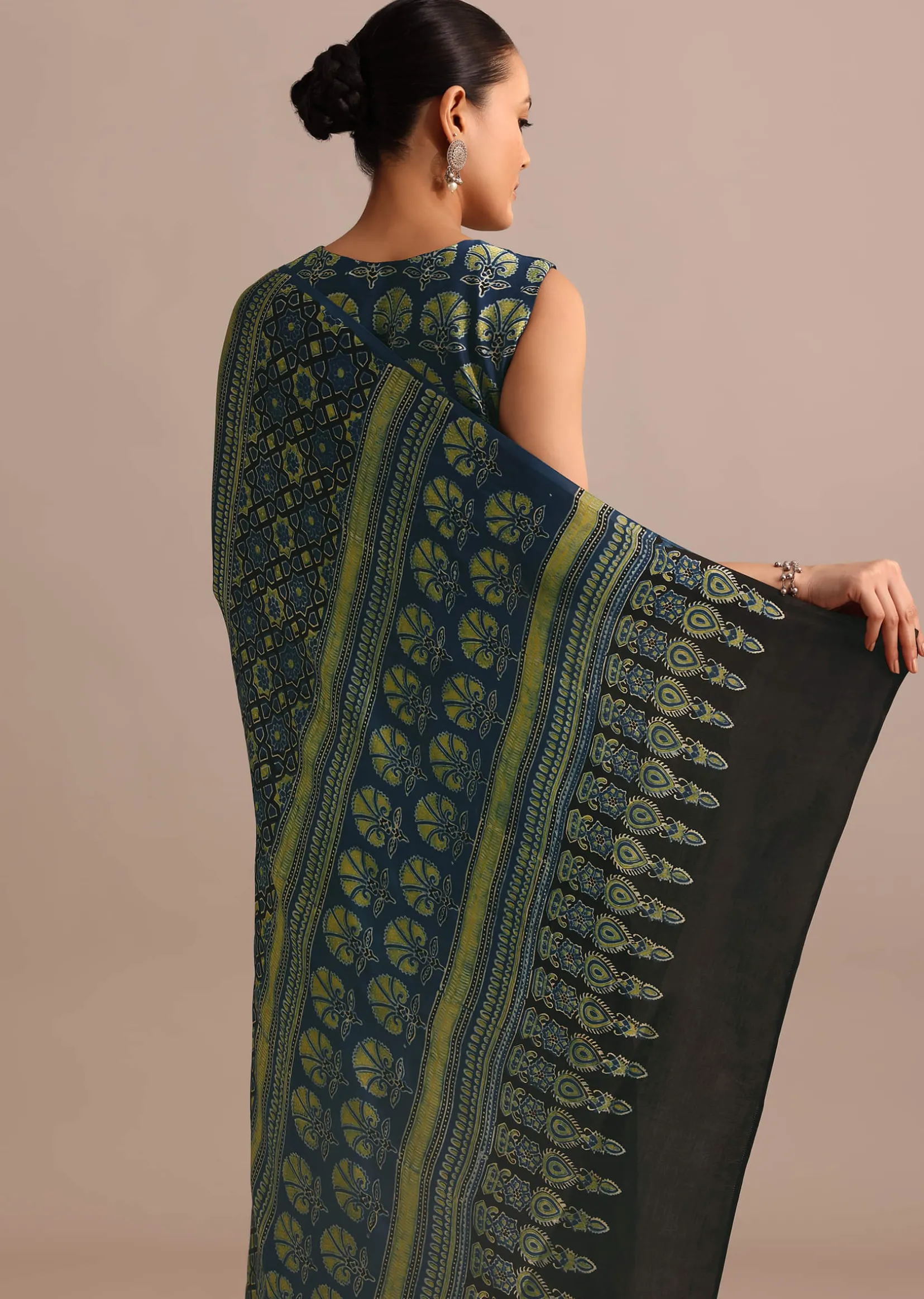Indigo Modal Satin Saree In Ajrakh HandBlock Print