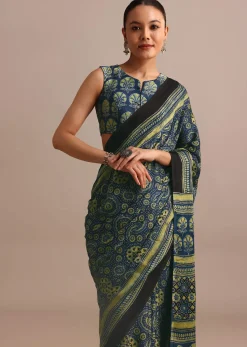 Indigo Modal Satin Saree In Ajrakh HandBlock Print
