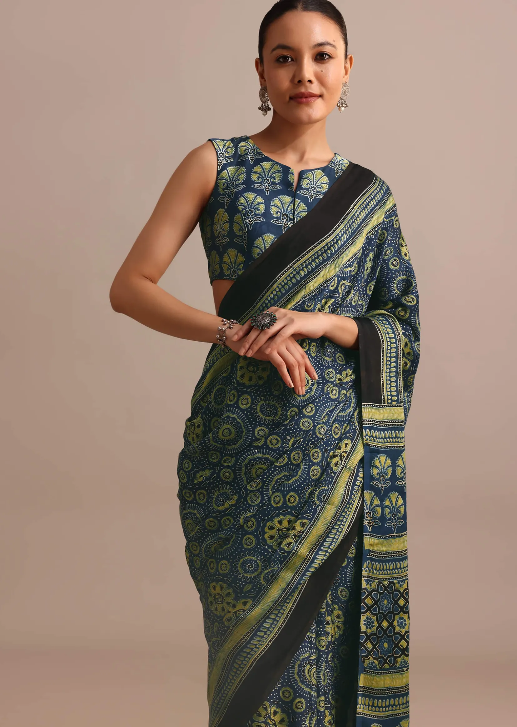 Indigo Modal Satin Saree In Ajrakh HandBlock Print