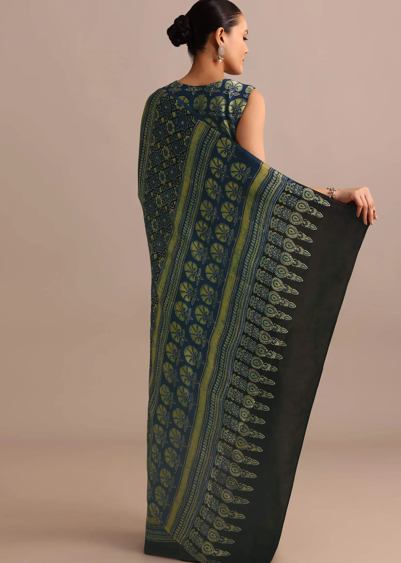 Indigo Modal Satin Saree In Ajrakh HandBlock Print