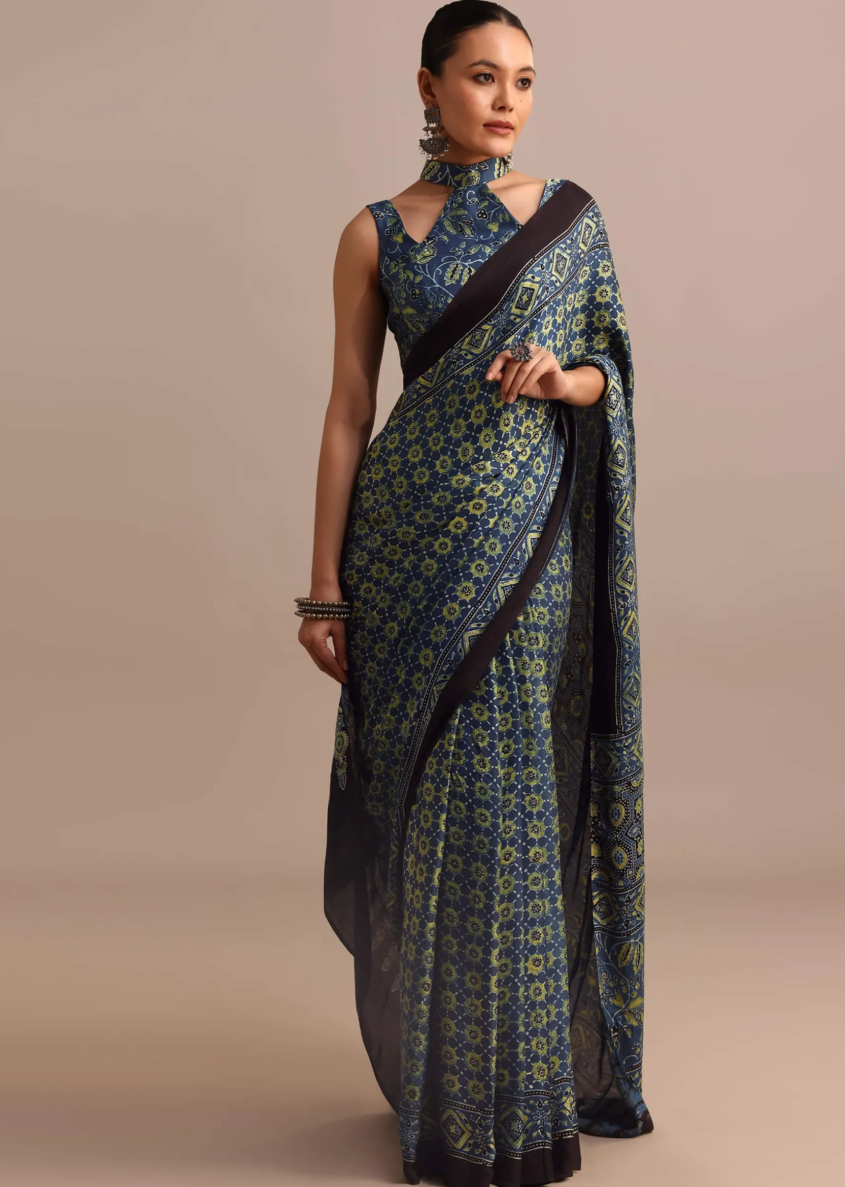 Indigo Satin Modal Ajrakh Handblock Printed Saree