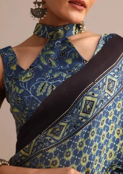 Indigo Satin Modal Ajrakh Handblock Printed Saree