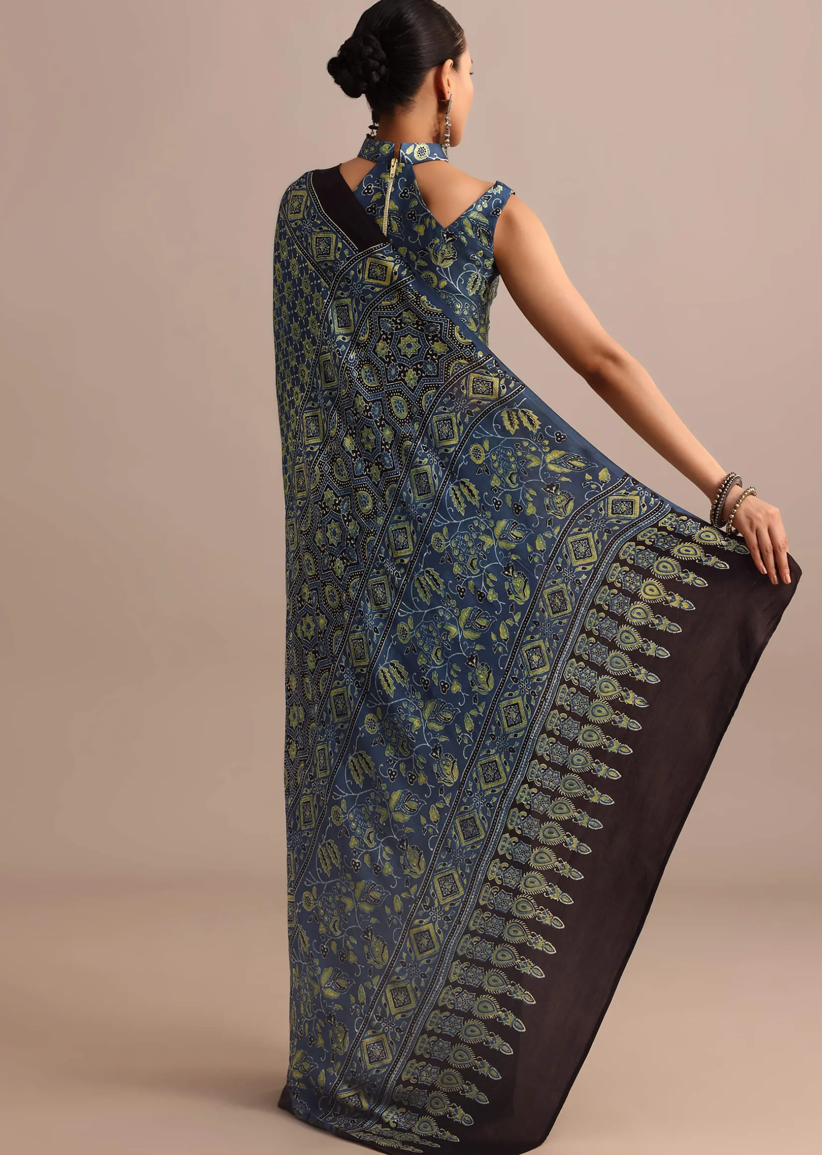 Indigo Satin Modal Ajrakh Handblock Printed Saree