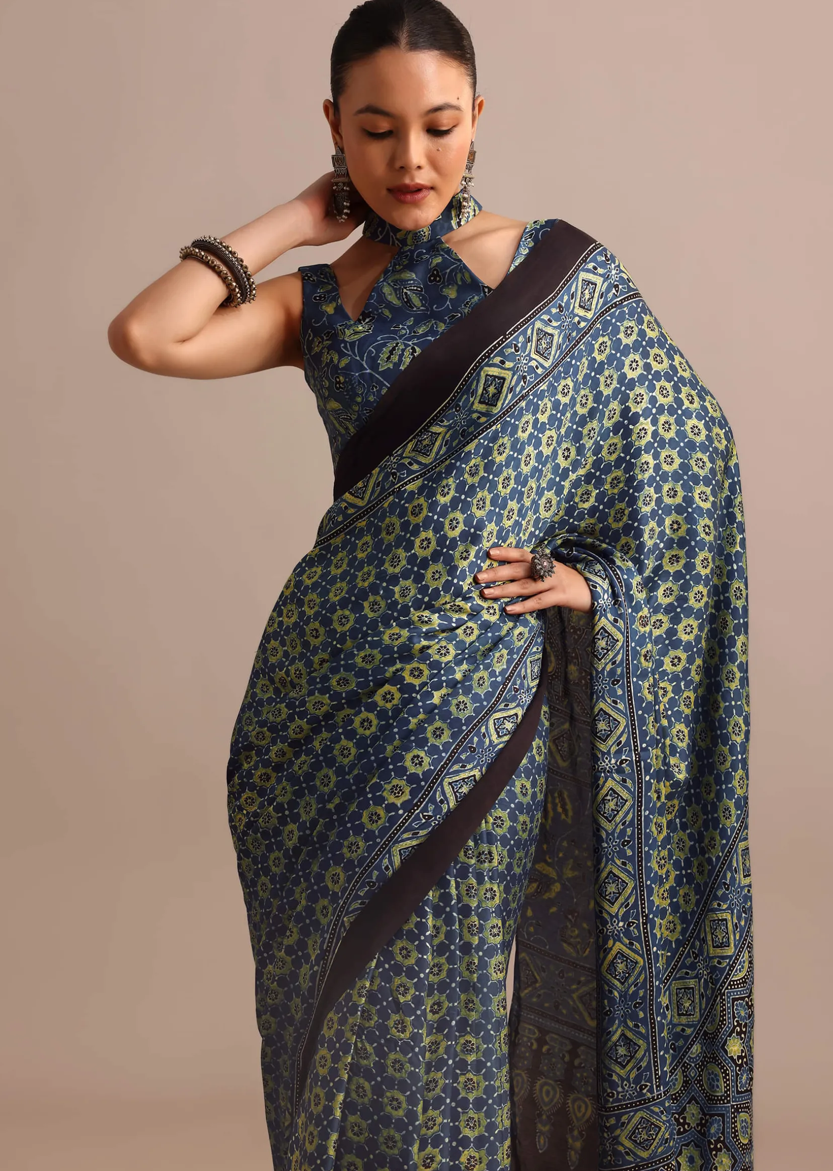 Indigo Satin Modal Ajrakh Handblock Printed Saree