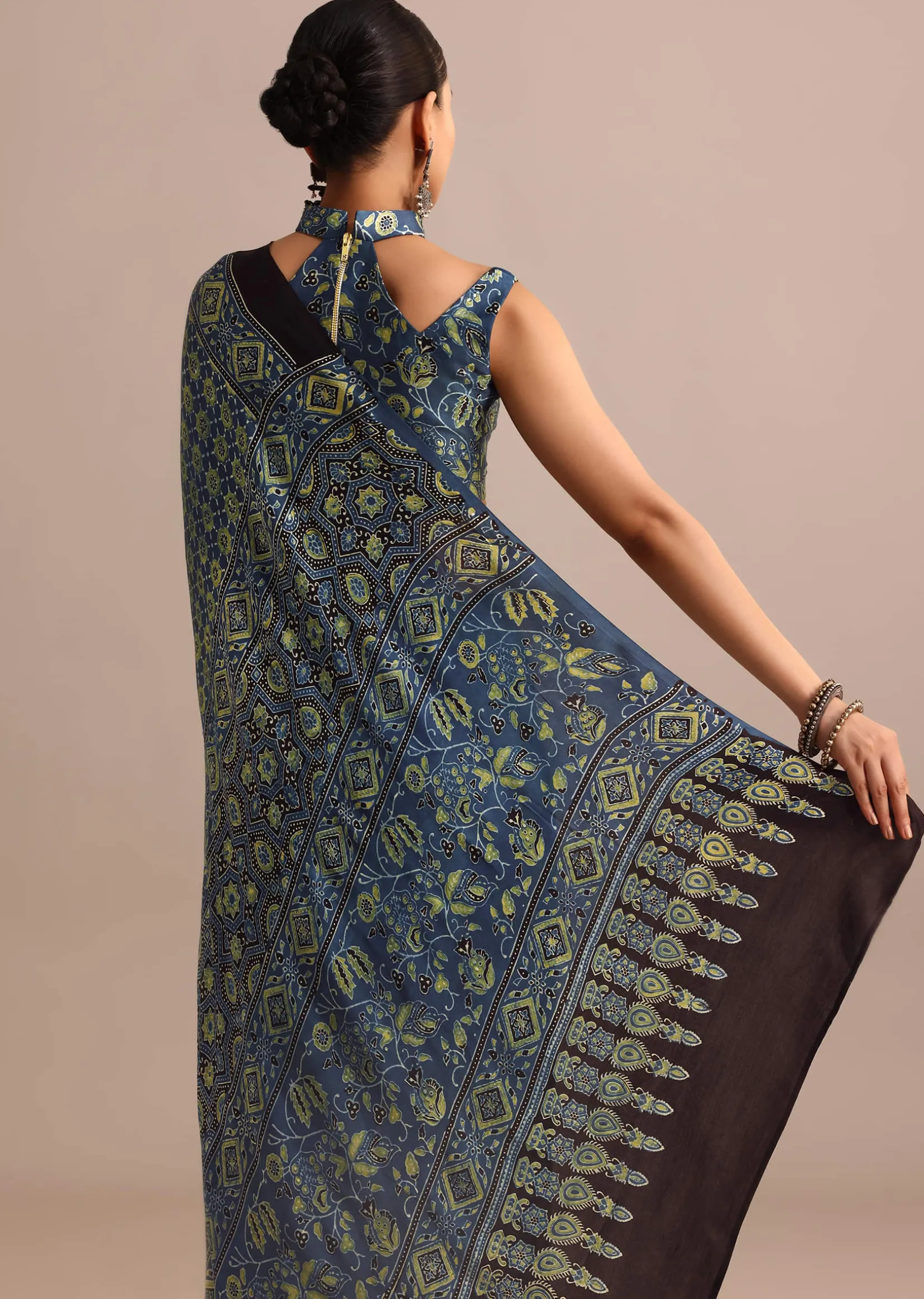 Indigo Satin Modal Ajrakh Handblock Printed Saree