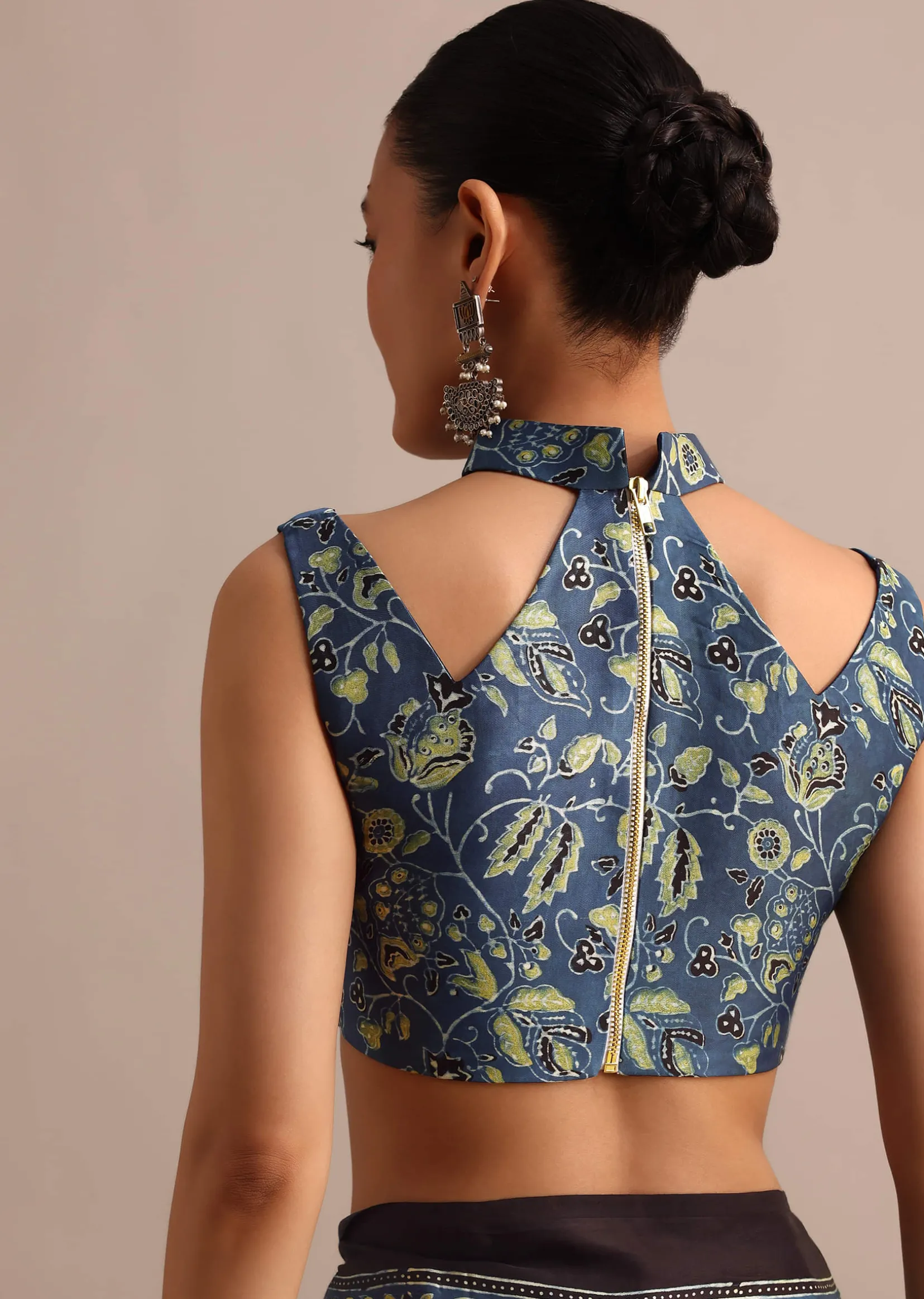 Indigo Satin Modal Ajrakh Handblock Printed Saree
