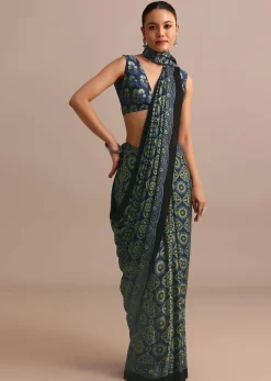 Indigo Satin Modal Handblock Printed Ajrakh Saree