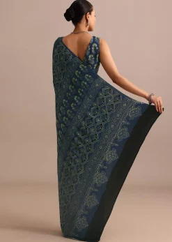 Indigo Satin Modal Handblock Printed Ajrakh Saree
